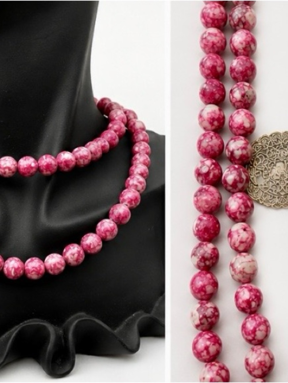 Vintage Pink Marbled Stone Bead Necklace 35” Long 8mm Beads No Clasp Statement - Picture 5 of 5